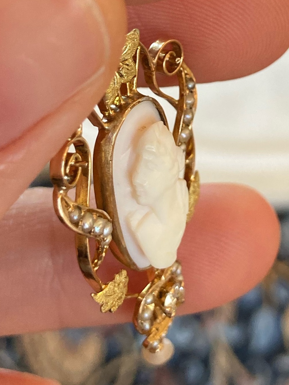 Antique Victorian 10K Diamond, Seed Pearl, Angel Skin Coral Carved Cameo Pendant - Picture 9 of 17